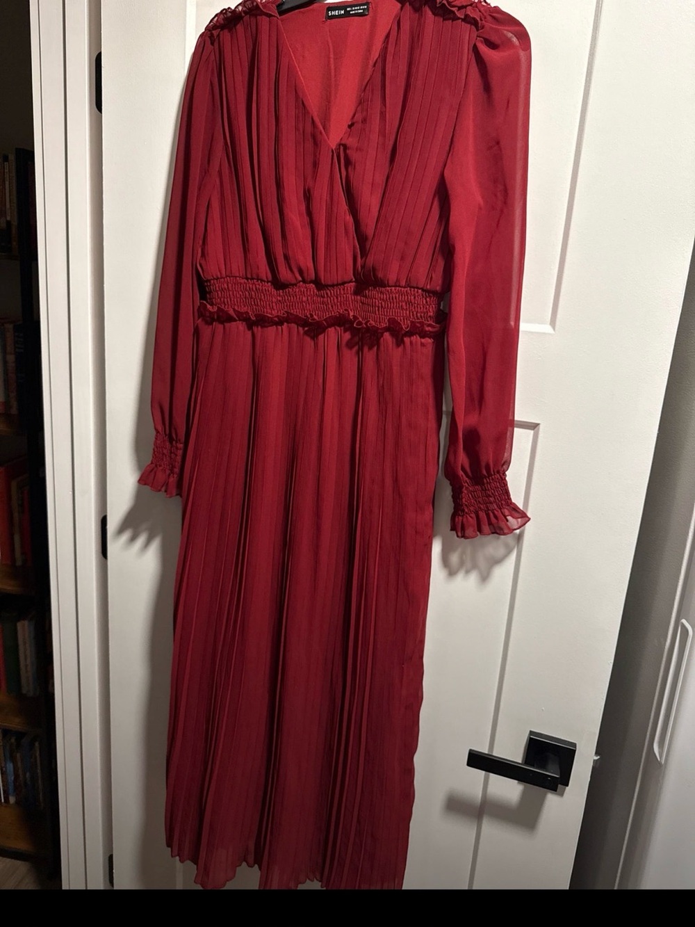 SHEIN Burgundy Pleated Long Sleeve Maxi Dress